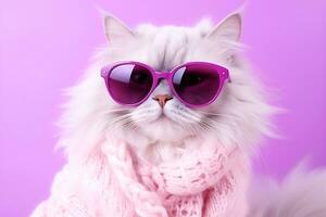 Beautiful white fluffy cat in purple glasses and with a pink scarf posing on a purple background. AI Generative photo