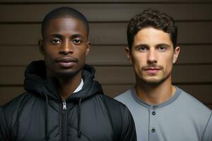 Two young men of Caucasian and African American appearance in sports jackets pose against a dark background. Young men look at the camera seriously. AI Generative photo