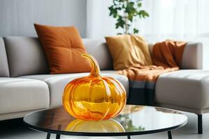 AI Generative. Orange glass pumpkin on the coffee table in the living room. Daylight illuminates the room. Horizontal photo