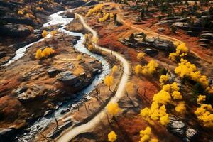 parte superior ver de el hermosa rocoso paisaje de el río, la carretera y bosque en otoño. ai generativo foto