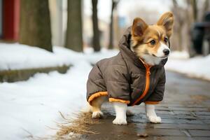 AI Generative. Small domestic dog in a warm jacket posing on a city street in winter photo