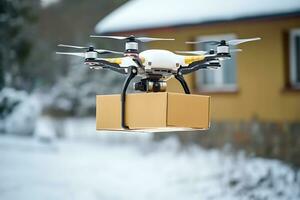 AI generative. Drone delivery of an order, food or medicine to the countryside, village or hard-to-reach areas photo