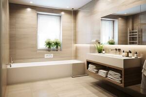 Bathroom interior in beige tones in a minimalist style. AI Generative photo