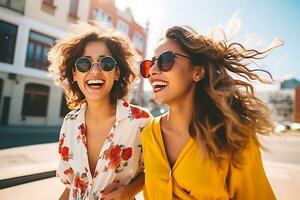 dos latín America muchachas en brillante ropa y Gafas de sol son caminando abajo el calle en soleado clima. ai generativo foto