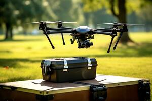 AI generative. The drone delivers everything you need for a picnic in a plastic box. photo