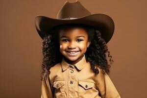 AI Generative. African American cowgirl child in brown cowboy hat posing on brown background, smiling and looking at camera. Horizontal photo