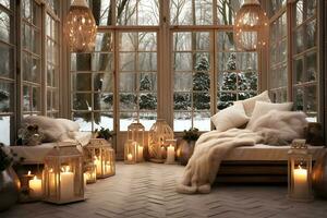 AI Generative. Winter garden with large windows decorated with Christmas tree branches and burning candles. Horizontal photo