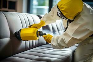 AI Generative. A disinfectant in a protective suit sprays furniture to get rid of bed bugs photo