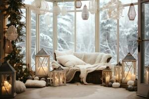 AI Generative. Winter garden with large windows where garlands hang and candles glow. Horizontal photo