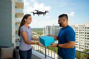 AI generative. A drone delivers food, drinks or medicine in a cardboard box to a heterosexual couple directly on their balcony. photo
