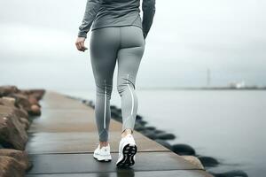 Woman in a gray tracksuit jogging along the seashore in cloudy foggy weather. AI Generative photo