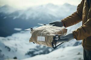 AI generative. A man holds in his hands a package delivered by a drone through the mountains in winter photo