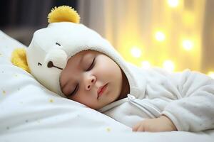 AI Generative. Portrait of a baby sleeping in his bed wearing a white onesie in the shape of a bear. Horizontal photo