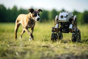 AI Generative. A dog and a robot on wheels move across a field together. Horizontal photo