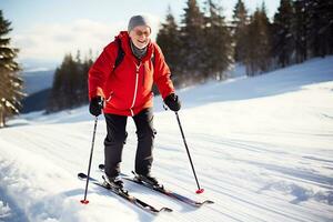 ai generativo. un mayor hombre en un rojo chaqueta es esquiar en un Nevado pendiente. horizontal foto