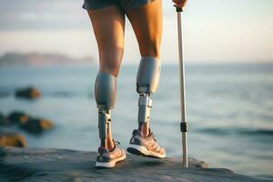 A young disabled woman with prosthetic legs in a short gray tracksuit poses against the backdrop of the sea in sunny weather. Legs close up. AI Generative photo