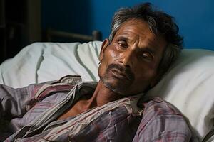 AI Generative. A middle-aged man of low income ,possibly a refugee, lies on a hospital bed suffering from illness. photo