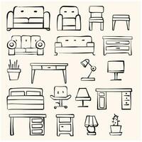 Hand drawn living room furniture icons. doodle and line art style vector