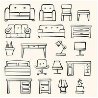 Hand drawn living room furniture icons. doodle and line art style vector