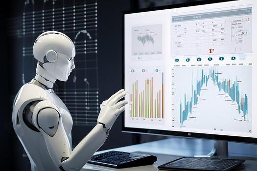 A humanoid robot looks at the monitor, examines and compares data. AI Generative photo