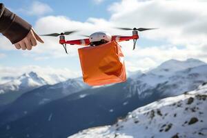 AI generative. A drone delivers an order or first aid in an orange package flying through the snowy mountain peaks in sunny weather photo