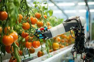 AI Generative. smart robotic in agriculture futuristic concept, robot farmers must be programmed to work to collect vegetable and fruit by using deep learning and object recognition technology. photo