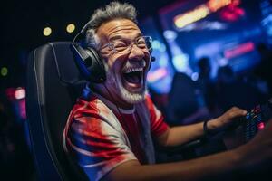 Mature gamers enthusiastically competing in a spirited e sports tournament photo