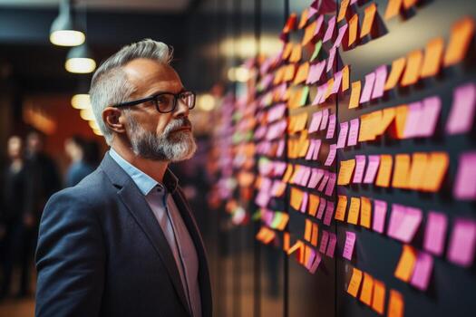 Elderly brainstorming in a tech startup background with empty space for text photo