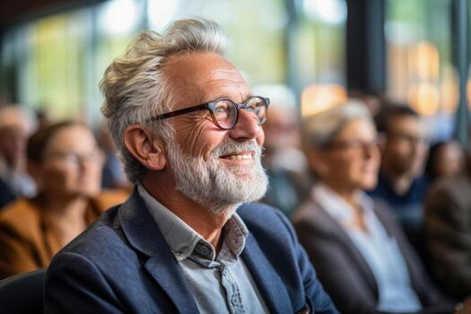 Elderly brainstorming in a tech startup background with empty space for text photo