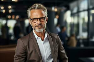 Senior entrepreneur strategizing in modern office background with empty space for text photo