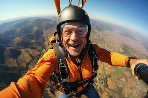 Seniors skydiving and enjoying extreme sports background with empty space for text photo