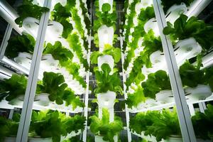 Inside of Greenhouse Hydroponic Vertical Farm Eco system with rows of seedlings of various sorts of garden vegetables growing on shelves ready for harvest.  AI Generative photo