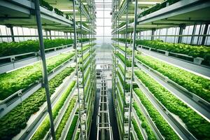 Inside of Greenhouse Hydroponic Vertical Farm Eco system with rows of seedlings of various sorts of garden vegetables growing on shelves ready for harvest. Top view. AI Generative photo