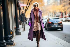 A beautiful elderly woman with gray hair and makeup walks along the city street in a purple raincoat and brown leather dress. AI Generative photo