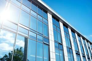 Building facade with solar windows or transparent solar panels as windows. AI Generative photo