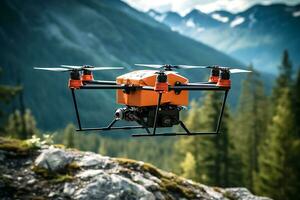 AI generative. A drone delivers food, drinks or medicine in a cardboard box while flying over forested mountains. photo