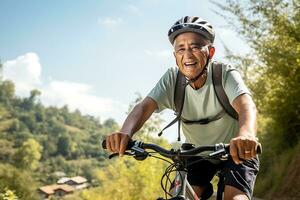 ai generativo. un mayor hombre con un sonrisa en su cara y vistiendo un casco paseos un bicicleta a lo largo un pintoresco camino. horizontal foto
