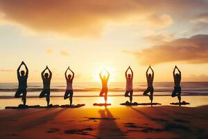 AI Generative. Group of people doing yoga on the beach at sunset. Horizontal photo