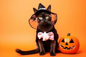 A black cat in a witch's hat and cape poses on an orange background next to a pumpkin. AI Generative photo