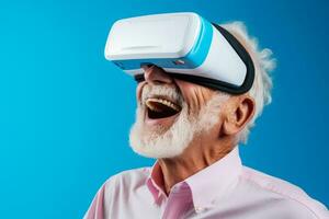 Elderly man exploring AR technology through glasses isolated on a gradient background photo