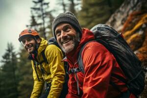 Adventurous seniors conquering mountain peaks in a thrilling rock climbing expedition photo