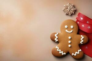 Gingerbread man isolated on a pastel background with a place for text photo