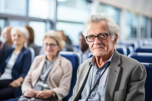 Elderly brainstorming in a tech startup background with empty space for text photo