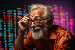 Senior man monitoring cryptocurrency exchange online isolated on a gradient background photo