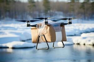AI generative. A drone delivers an order, medicine or gift by flying over a river covered in places with ice. photo