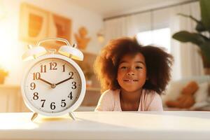 niño africano americano niña mira a su reloj y sonrisas ai generativo foto