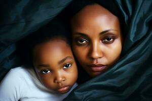retrato de un africano mujer y su niño. modelos Mira a el cámara. ai generativo foto