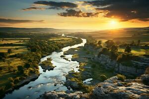 A drone view of the valley where the river flows between picturesque meadows and rocky shores. The sun is visible above the horizont. AI Generative photo