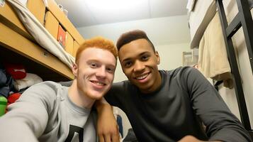 Two student boys take a selfie in a student dorm room. Guys smiling and looking at the camera. AI Generative photo