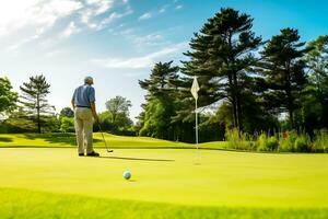 AI Generative. An elderly man plays golf enthusiastically on a green course. The man stands with his back to the camera. Horizontal photo